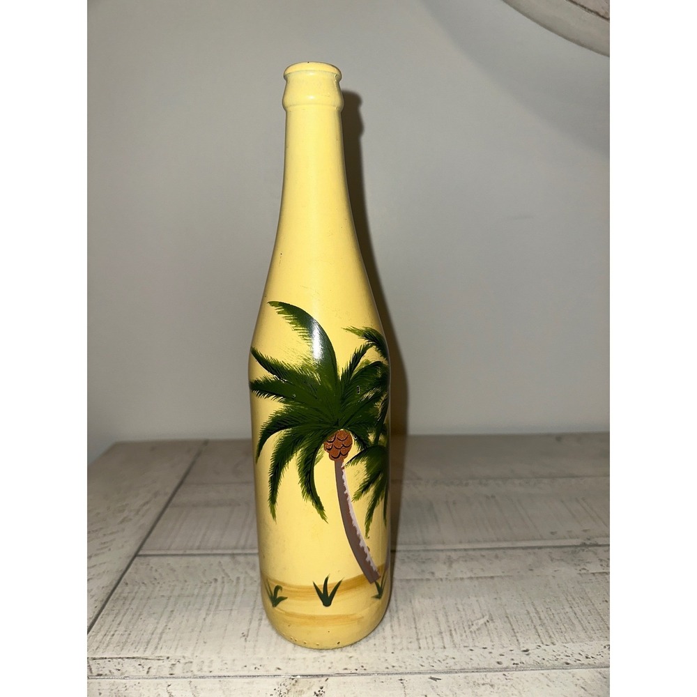 Tradewind Bay Yellow Hand Painted Palm Tree Decorative Glass Bottle Tropical